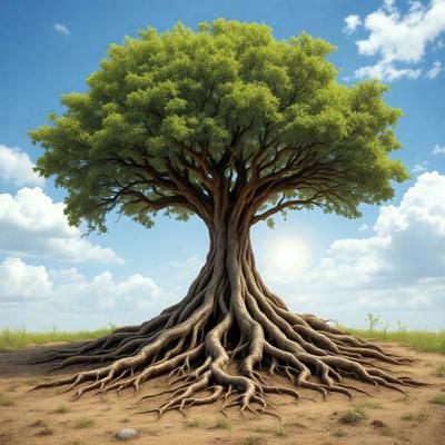 The primary subject of the image is a large tree with a massive root system. The tree is situated in a field with a grassy surface, and it appears to be a digital art or illustration. The colors in the image are predominantly green, which gives the scene a lush and natural atmosphere. The visual style of the image suggests a sense of depth and complexity, as the viewer can appreciate the intricate details of the tree's root system.